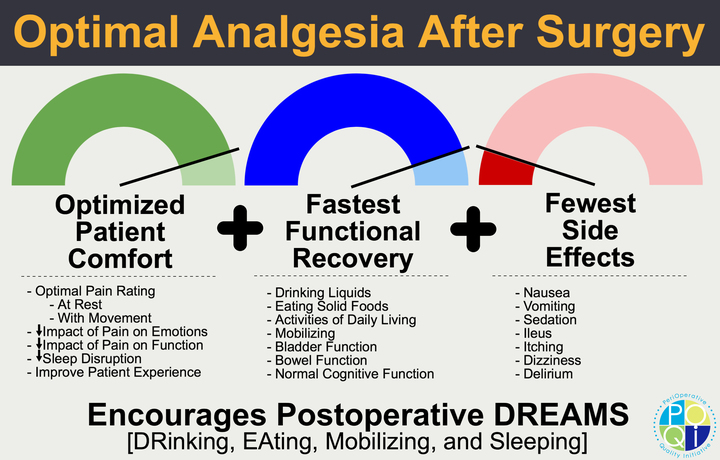 Figure 1: This figure illustrates the core components of providing optimal analgesia.  Pain after surgery can have profound effects on patient recovery.  However, the complete elimination of pain may also have untoward effects, as listed in the figure. Optimal analgesia after surgery is an approach to pain control that facilitates a positive patient experience through optimized patient comfort that facilitates functional recovery while minimizing adverse drug events.