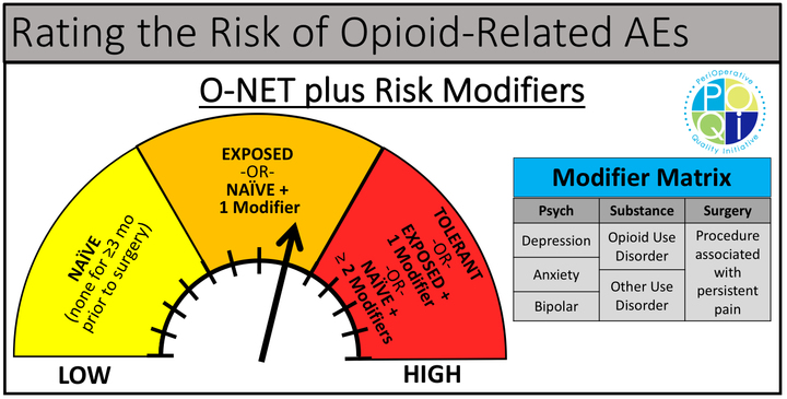 Figure 2: Opioid-naïve, opioid exposed, and opioid tolerant classes represent low, moderate, and high-risk groups for opioid-related adverse events and poor outcomes. Addition of co-morbid risk factors known to influence the risk of opioid related poor outcomes modify the risk group assignment.
