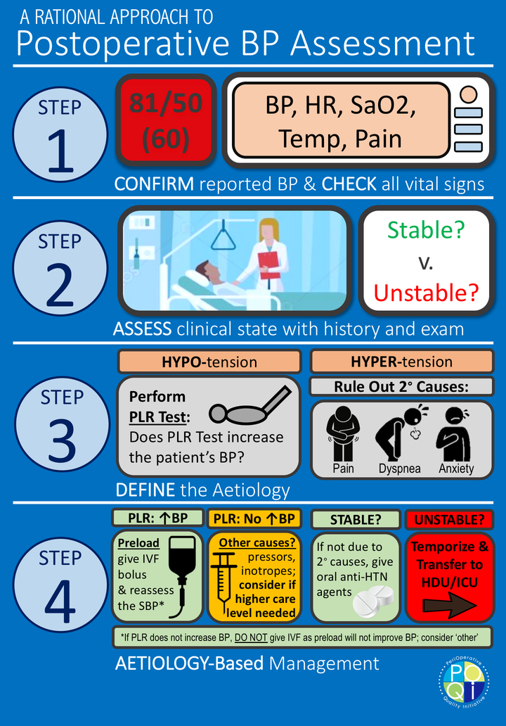 Figure 2: This figure illustrates our recommendations for a structured bedside assessment due to perturbations in postoperative blood pressure readings.  *An unstable patient would be any patient who is displaying signs and symptoms of end organ dysfunction related to blood pressure (e.g. altered mental status, chest pain).  [BP = blood pressure; PLR = passive leg raise; SV = stroke volume; TTE - transthoracic echocardiography; SVR = systemic vascular resistance; ECG = electrocardiogram; PACU = post-anesthesia care unit; HDU = high-dependency unit; ICU = intensive care unit]